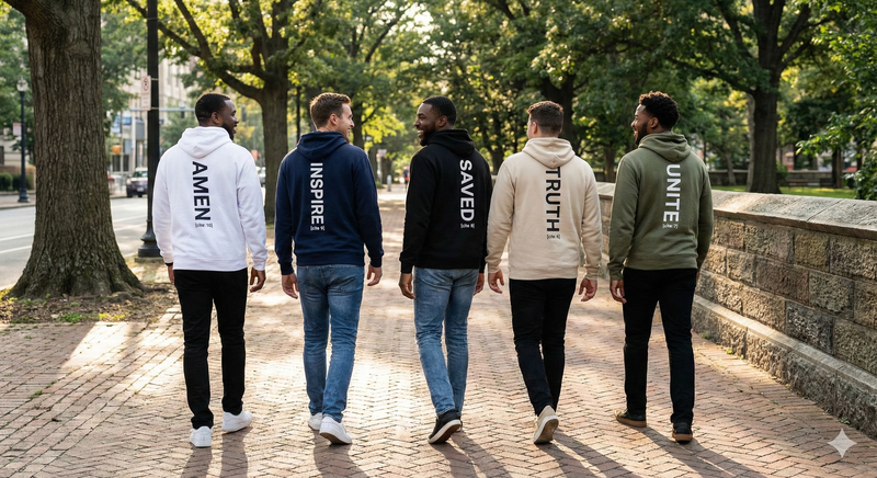 Five men walking outdoors, wearing hoodies with motivational text on the back.
