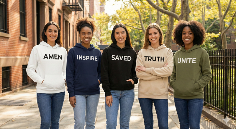 Five women wearing hoodies with motivational text on a street.