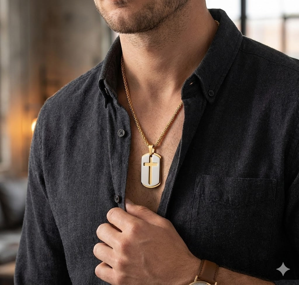 Man wearing a gold necklace with a tag pendant, adjusting his dark shirt.