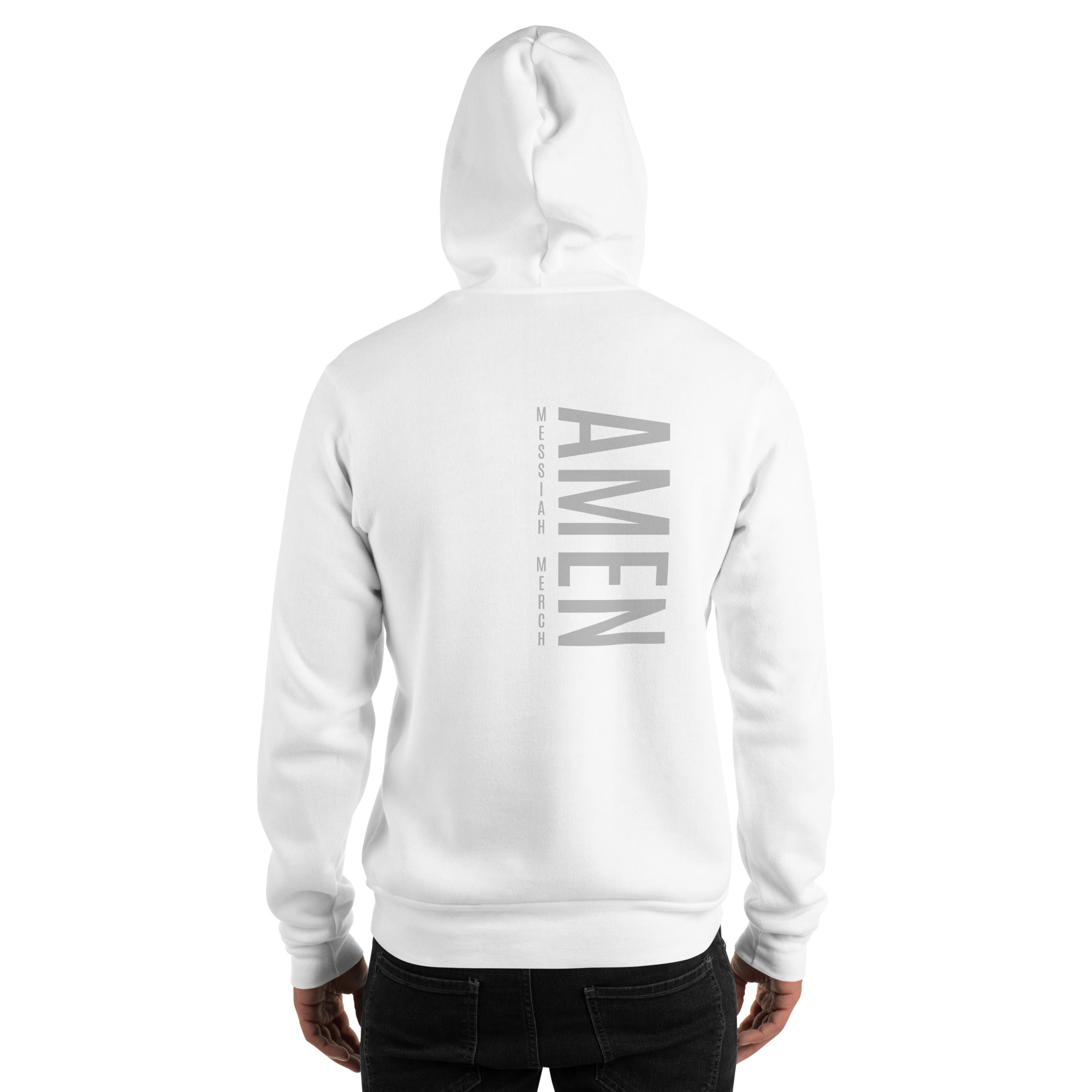 White hoodie with 'AMEN' printed on the back against a white background