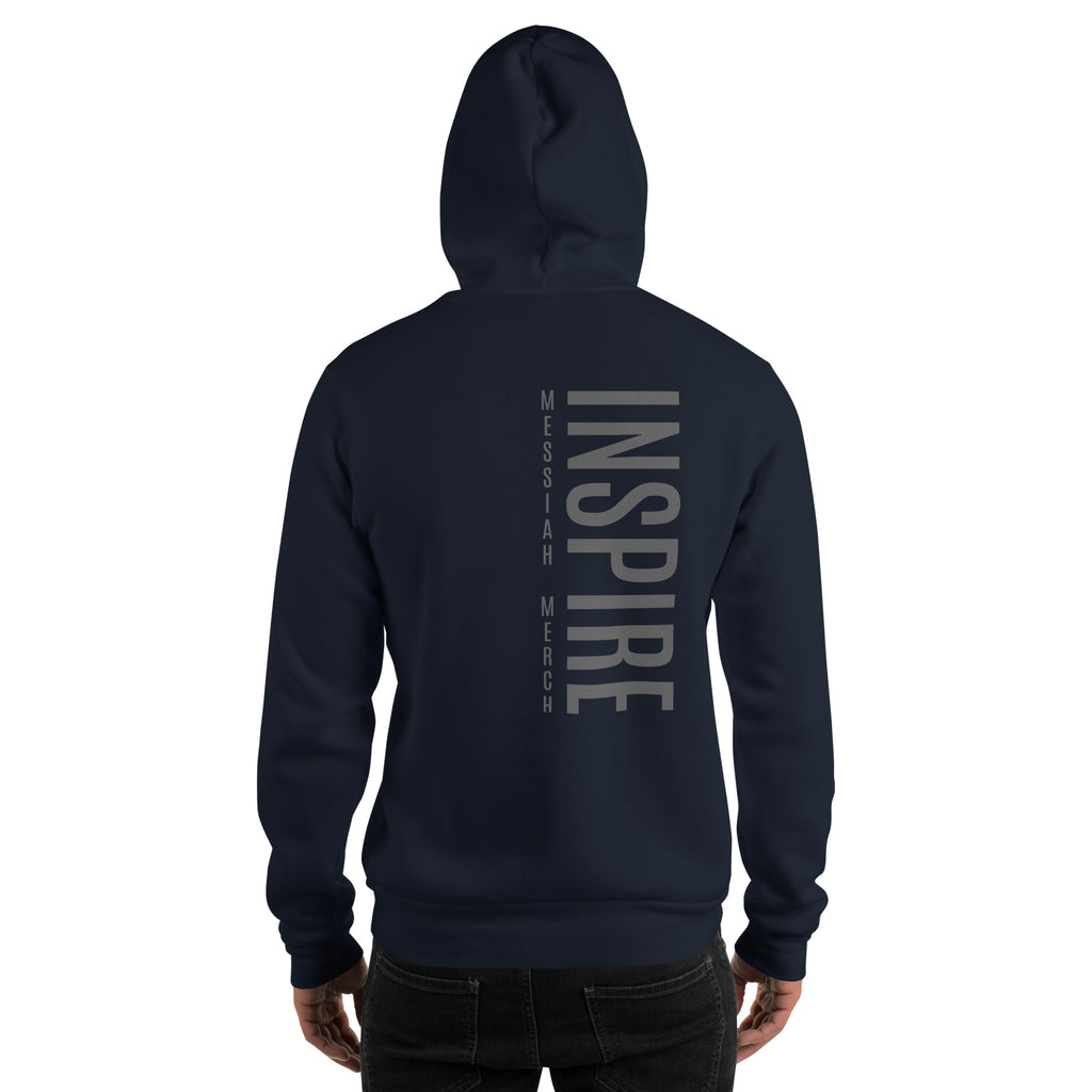 Navy hoodie with 'INSPIRE' text on the back against a white background