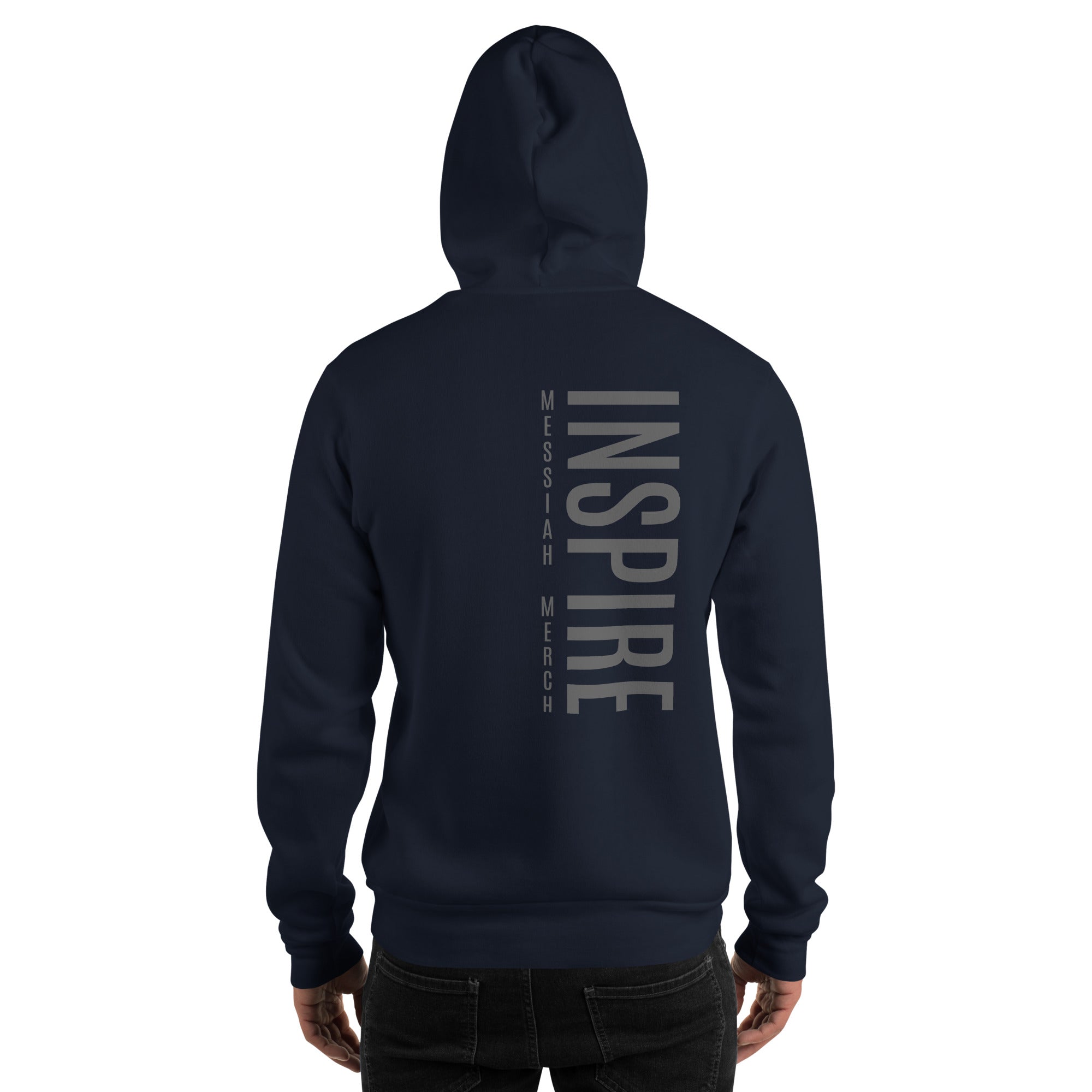 Navy hoodie with 'INSPIRE' text on the back against a white background