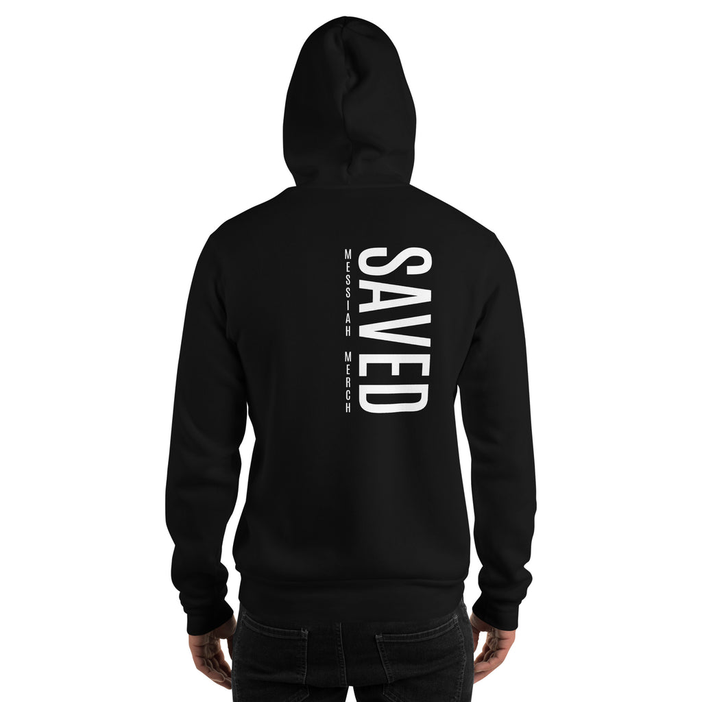 Black hoodie with 'SAVED' printed on the back against a white background
