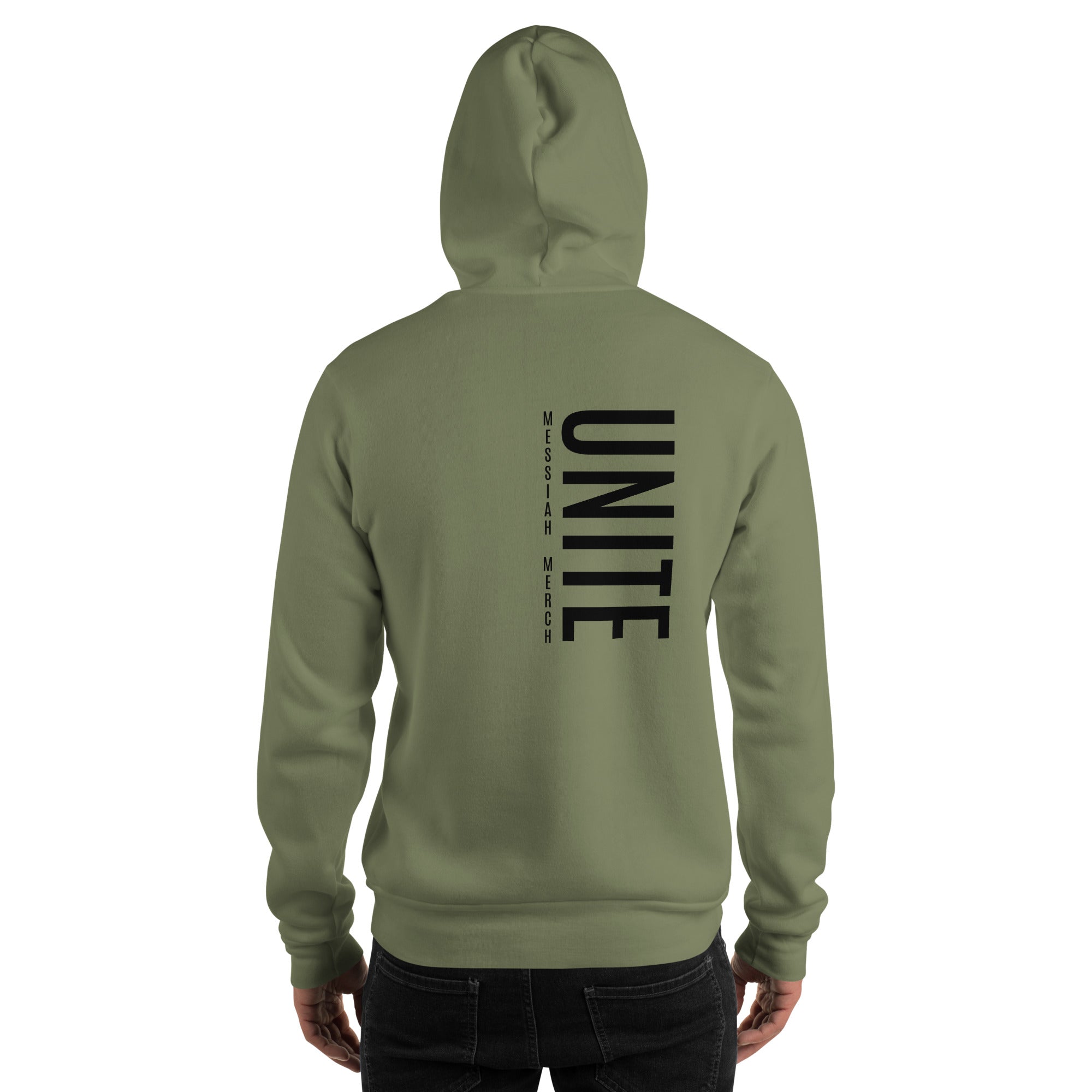 Green hoodie with 'UNITE' printed on the back against a white background