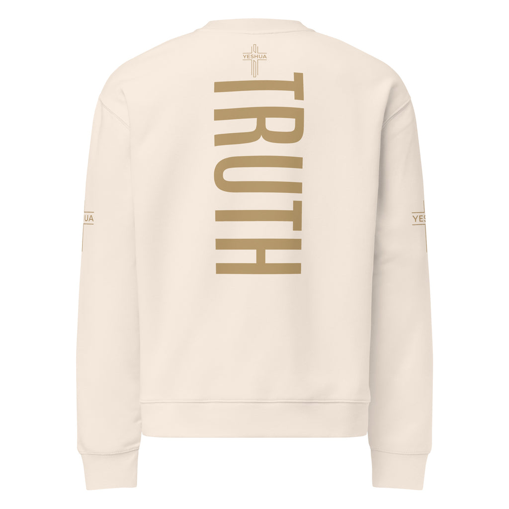 Beige sweatshirt with 'TRUTH' printed on the back against a white background