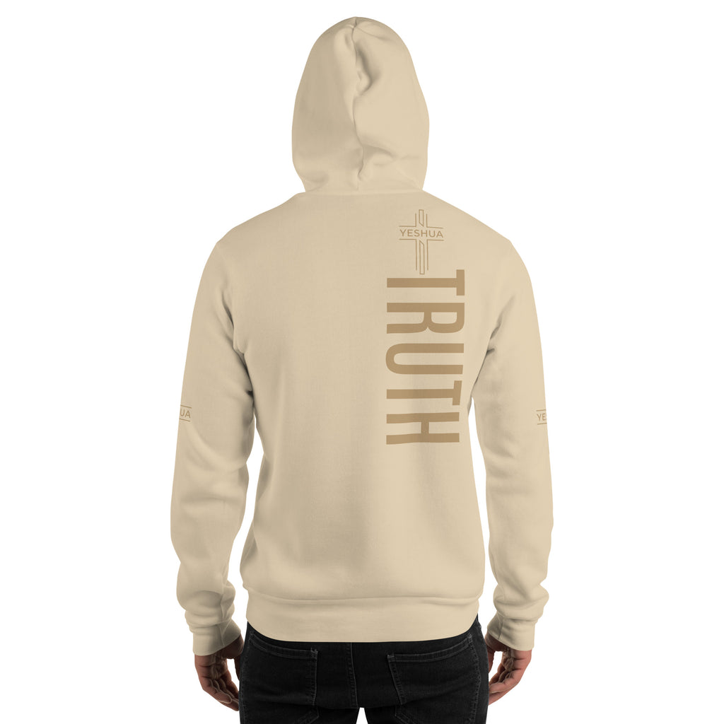 Beige hoodie with 'TRUTH' printed on the back against a white background