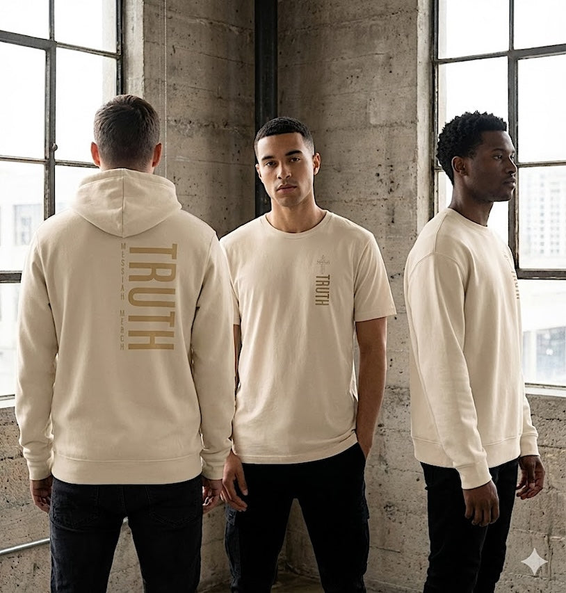 Three individuals wearing cream-colored 'TRUTH' branded clothing in a modern indoor setting.