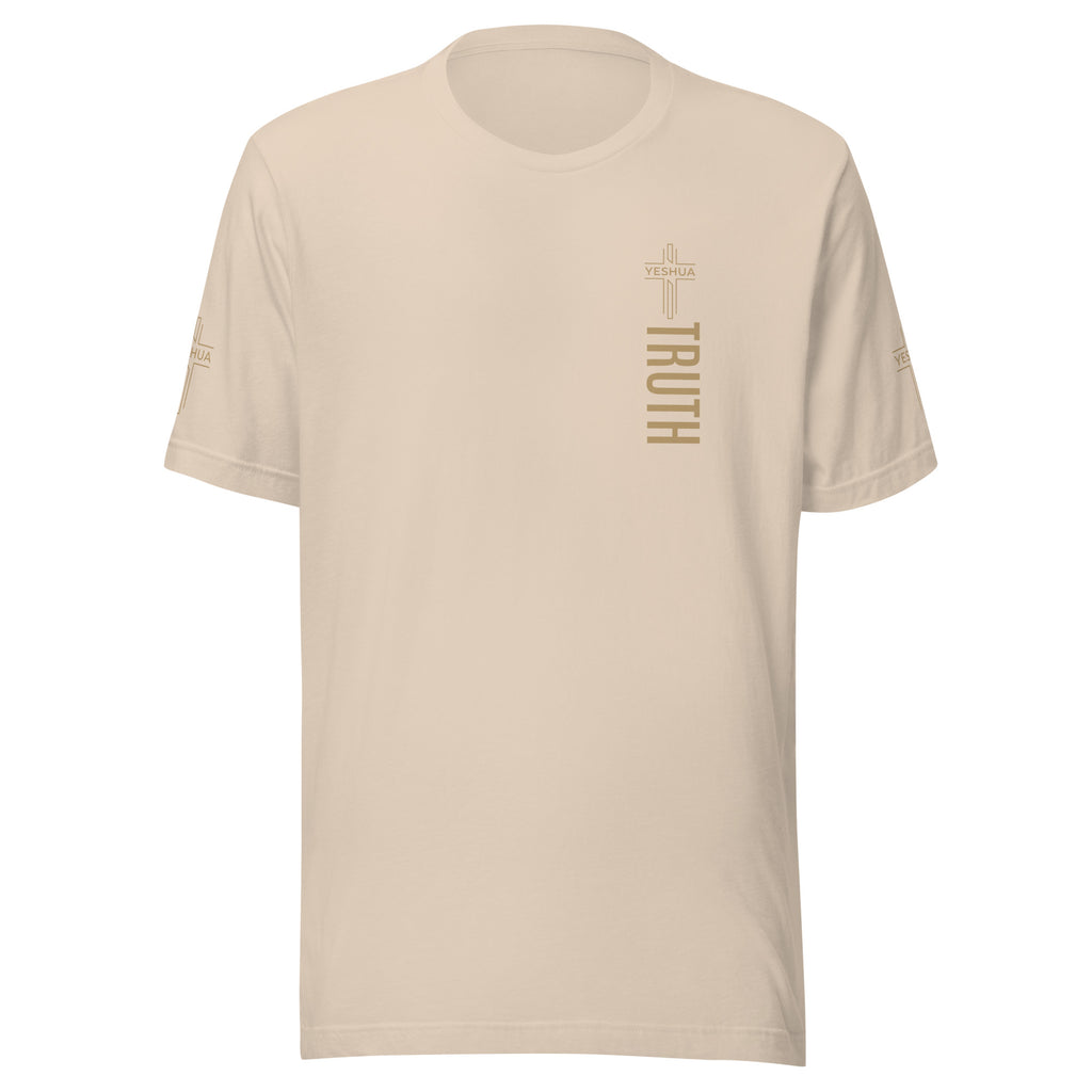 Beige t-shirt with 'TRUTH' printed on a white background